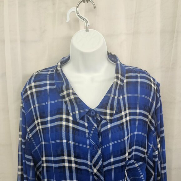 Catherines Blue White Plaid Button Down Shirt Dress Preppy Roll Tab 4X - Picture 2 of 12